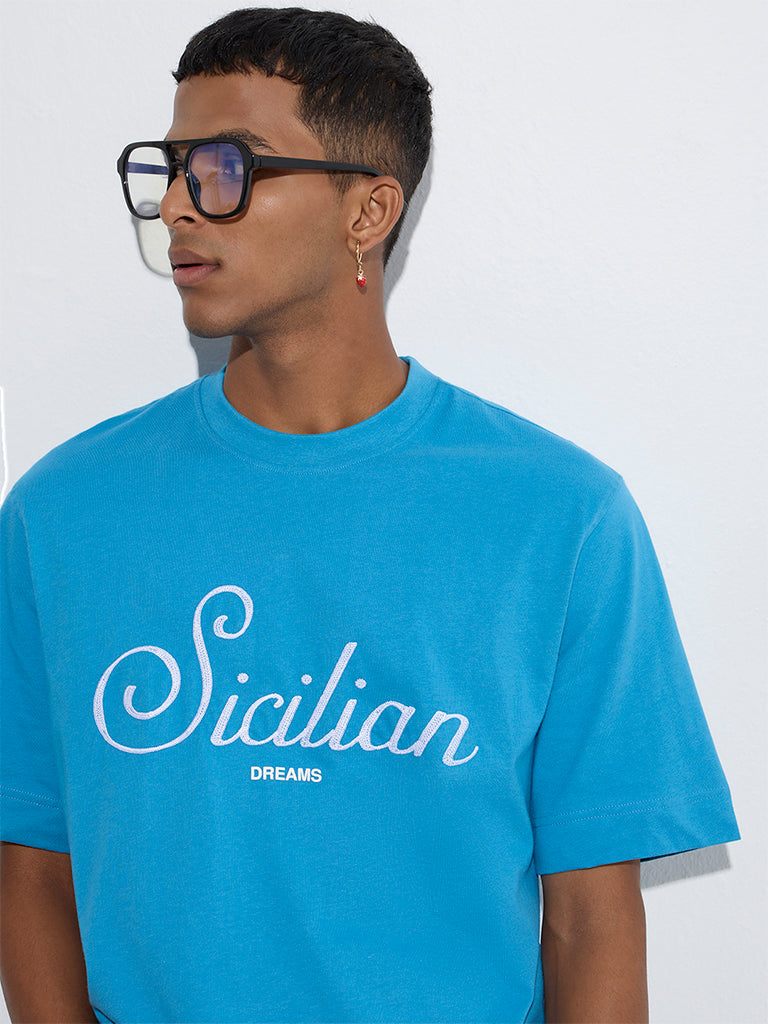 Nuon Blue Text Design Relaxed-Fit Cotton T-Shirt - Image 3