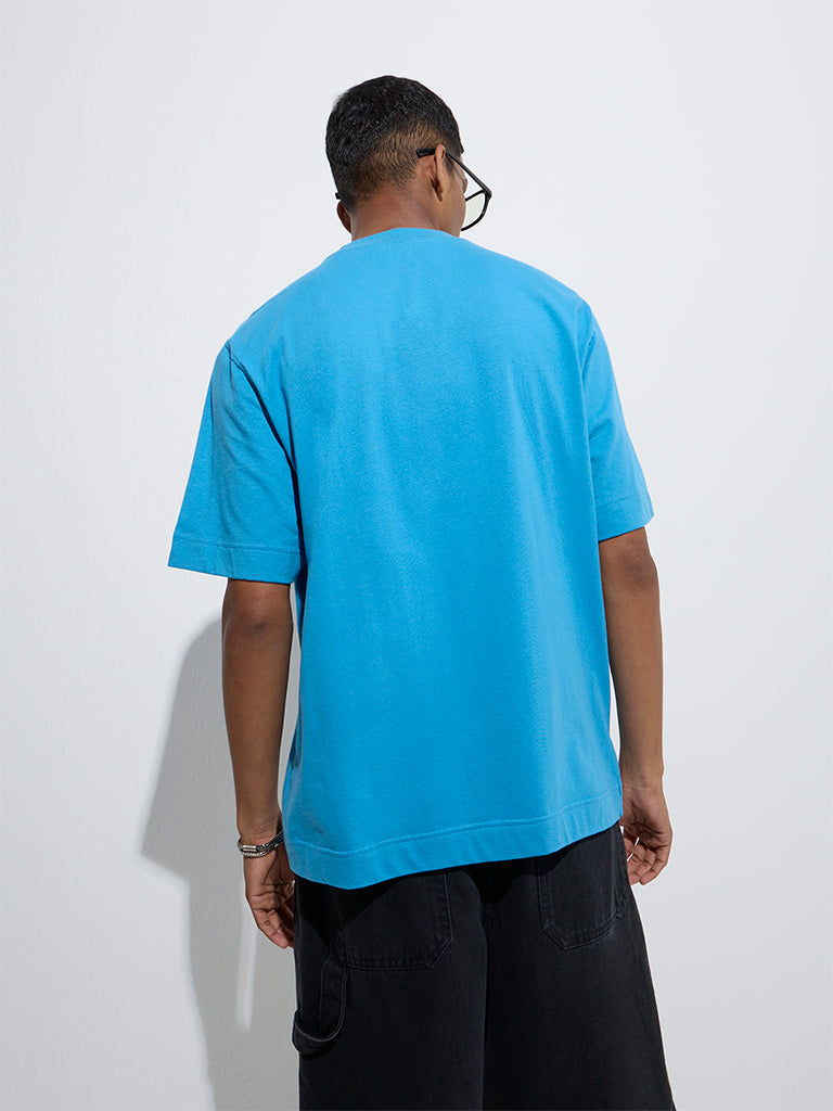 Nuon Blue Text Design Relaxed-Fit Cotton T-Shirt - Image 4