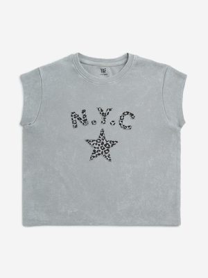 Y&F Kids Grey Text Design Cotton-Blend T-Shirt