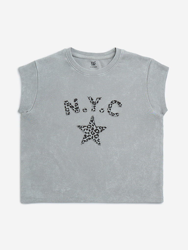 Y&F Kids Grey Text Design Cotton-Blend T-Shirt