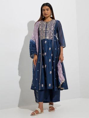 Vark Indigo Embroidered Cotton-Blend A-Line Ethnic Set