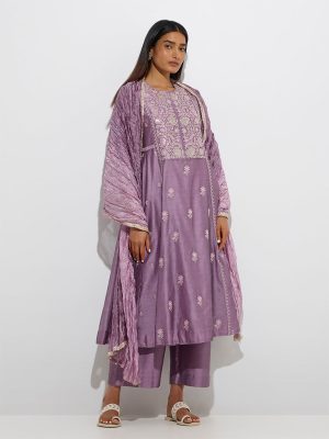 Vark Lavender Embroidered Cotton-Blend A-Line Ethnic Set