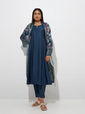 Vark Indigo Floral Detailed A-Line Ethnic Set