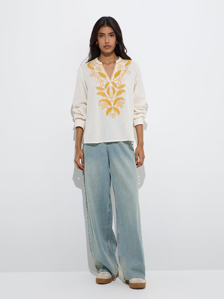 Utsa Off-White Embroidered Cotton-Blend Tunic