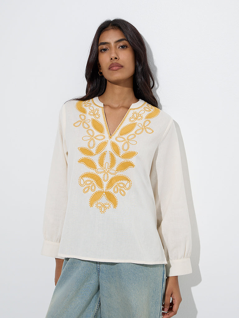 Utsa Off-White Embroidered Cotton-Blend Tunic - Image 2