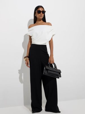 Wardrobe White Colour-Blocked Off-Shoulder Jumpsuit