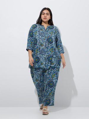 Diza Indigo Foliage Printed Ethnic Tunic