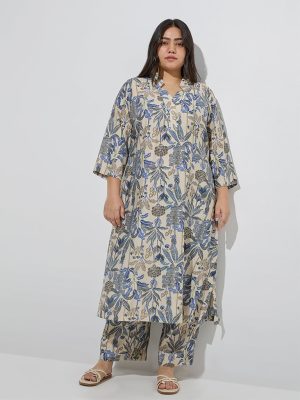 Diza Beige Botanical-Inspired A-Line Kurta