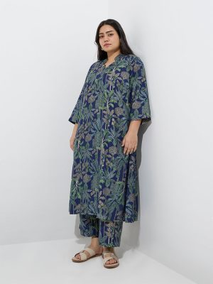 Diza Navy Botanical Design A-Line Kurta