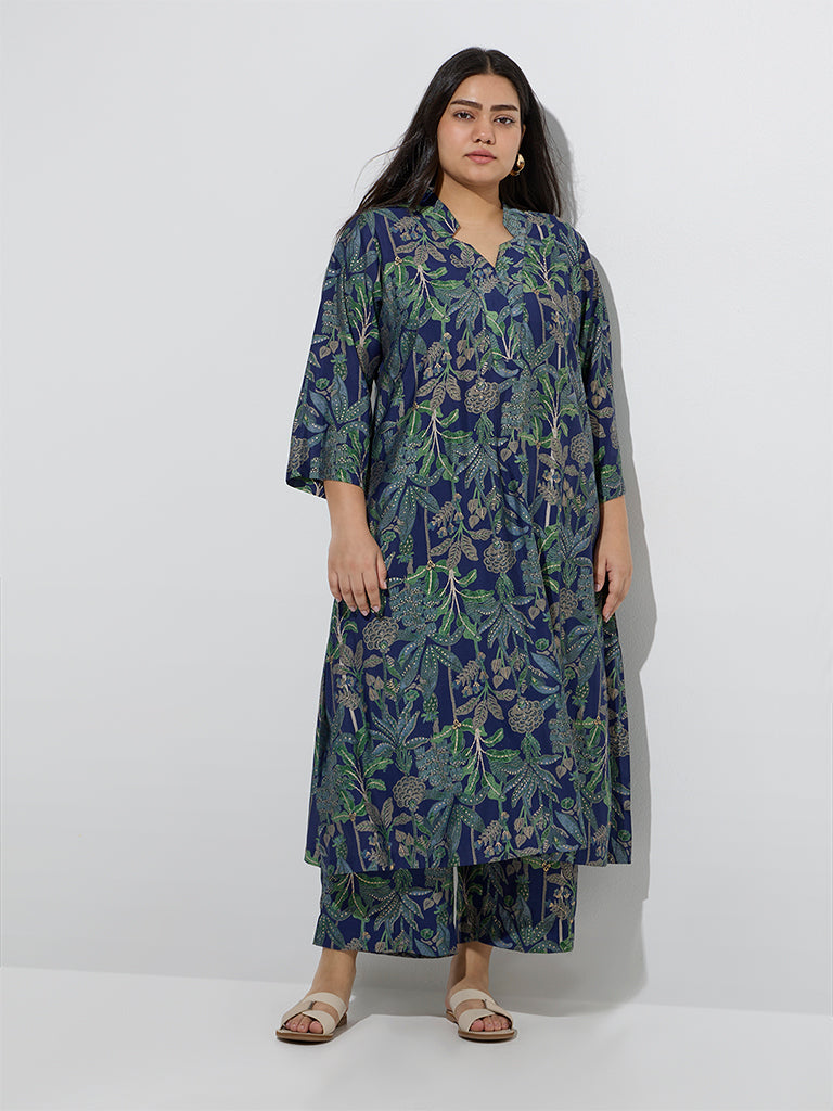 Diza Navy Botanical Design A-Line Kurta - Image 2