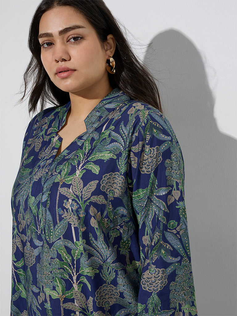 Diza Navy Botanical Design A-Line Kurta - Image 3