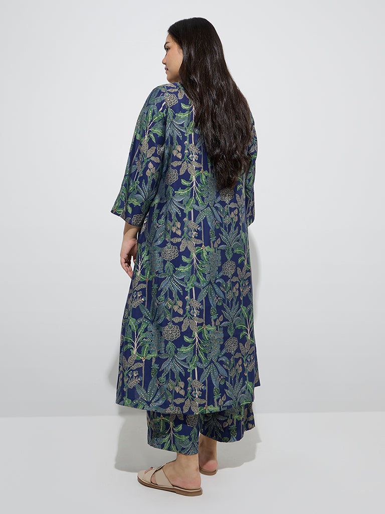 Diza Navy Botanical Design A-Line Kurta - Image 4