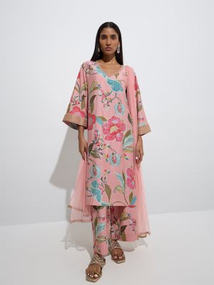 Vark Peach Floral Straight Kurta. Palazzos and Dupatta Set
