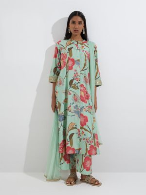 Vark Mint Floral A-Line Kurta. Palazzos and Dupatta Set