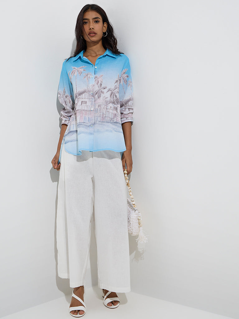 Utsa Blue Scenic-Inspired Cotton-Blend Tunic