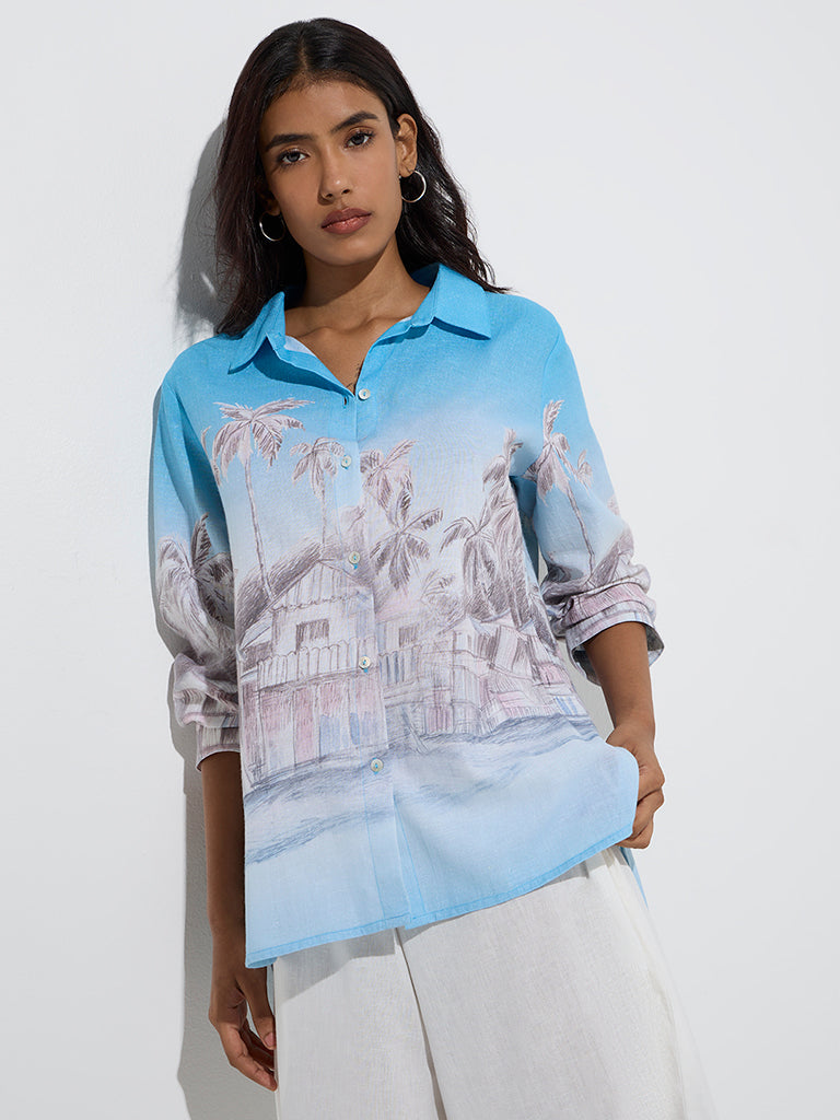 Utsa Blue Scenic-Inspired Cotton-Blend Tunic - Image 2