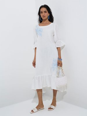 Utsa White Floral Embroidered Cotton Drop-Waist Dress