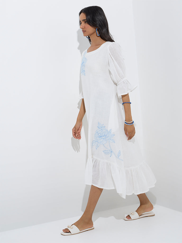 Utsa White Floral Embroidered Cotton Drop-Waist Dress - Image 2