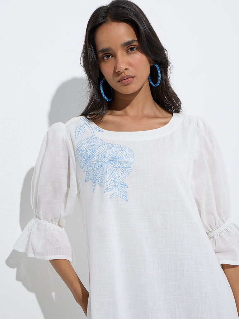 Utsa White Floral Embroidered Cotton Drop-Waist Dress - Image 3