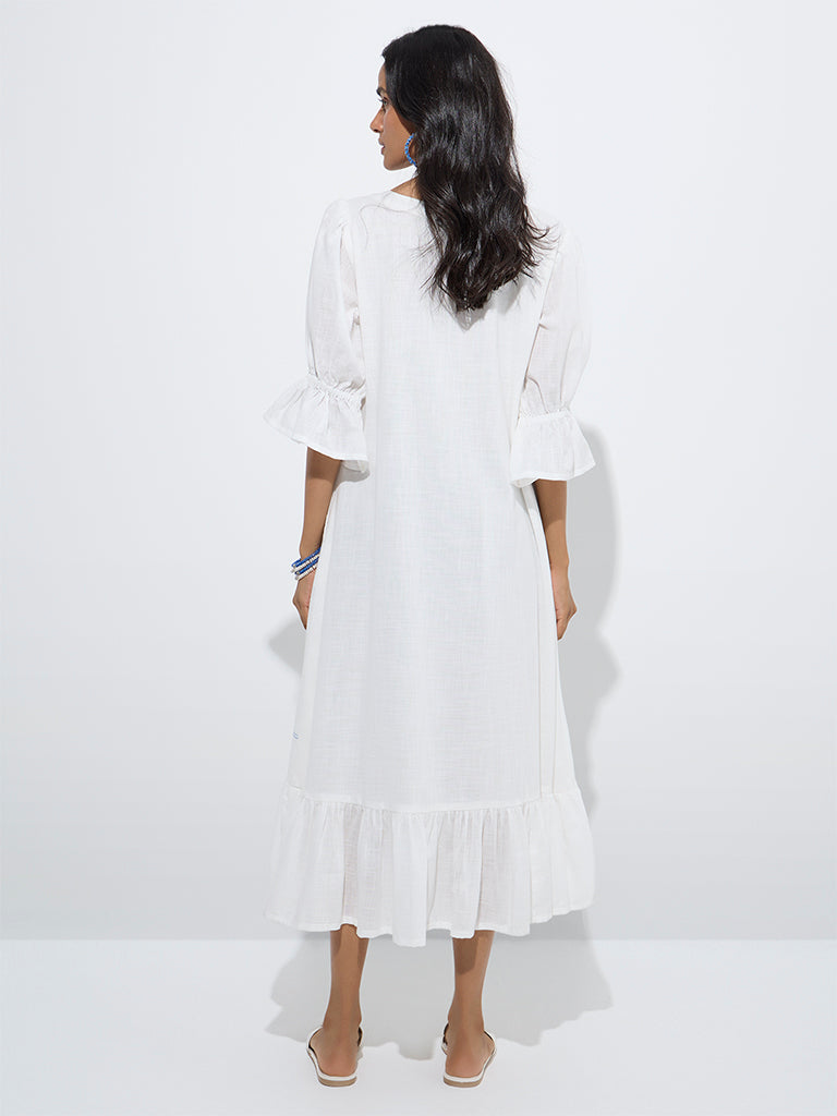 Utsa White Floral Embroidered Cotton Drop-Waist Dress - Image 4