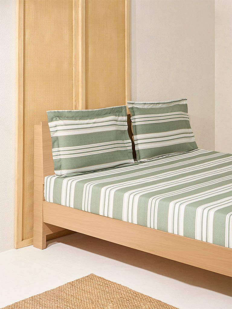Westside Home Sage Stripe Pattern Queen Bed Sheet Set - Image 2