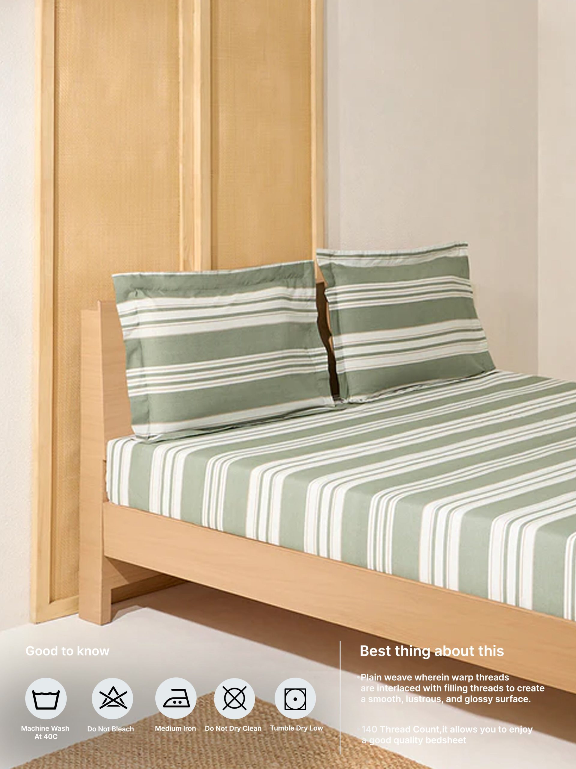 Westside Home Sage Stripe Pattern Queen Bed Sheet Set - Image 5