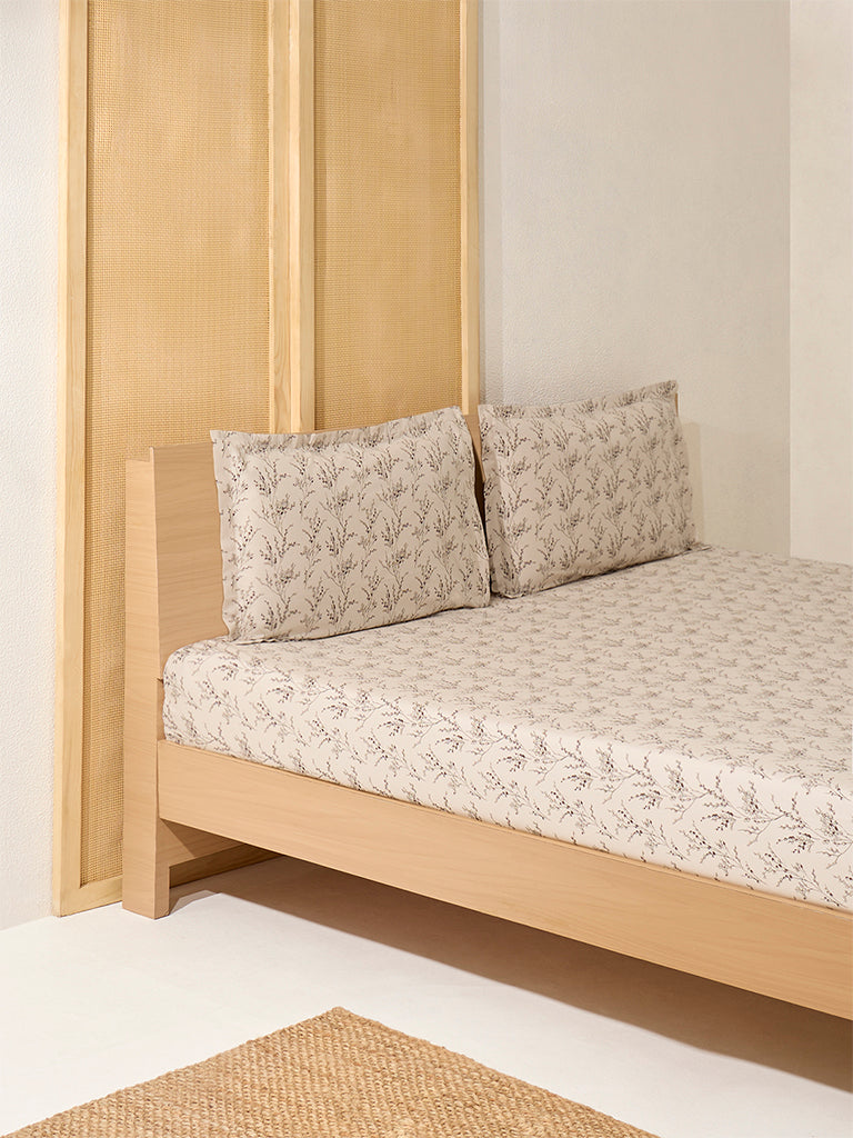 Westside Home Beige Botanical Design Queen Bed Sheet Set - Image 2