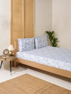 Westside Home Blue Foliage Printed King Bed Sheet Set