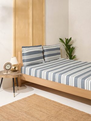 Westside Home Dusty Blue Stripe Design Queen Bed Sheet Set