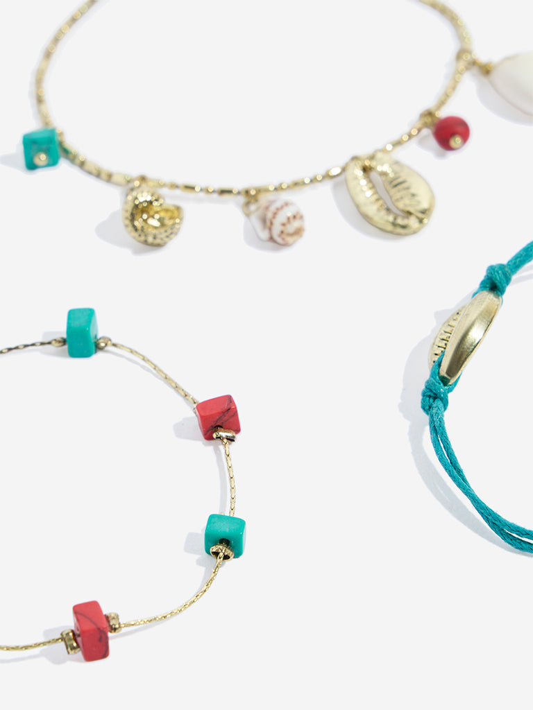 Westside Accessories Turquoise Sea-Shells-Detailed Bracelet Set - Pack of 3 - Image 3