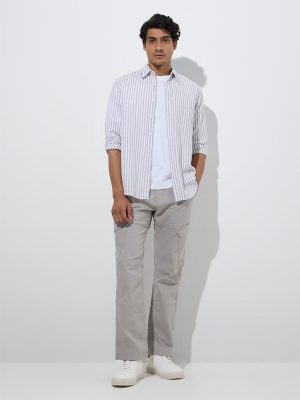 WES Casuals Grey Relaxed-Fit Mid-Rise Cotton Trousers