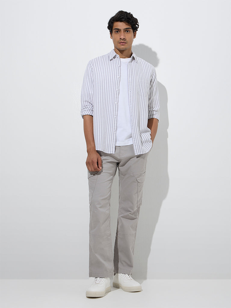 WES Casuals Grey Relaxed-Fit Mid-Rise Cotton Trousers
