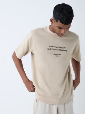 Studiofit Beige Text Printed Relaxed-Fit Cotton T-Shirt