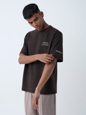Studiofit Dark Brown Text Design Relaxed-Fit Cotton T-Shirt