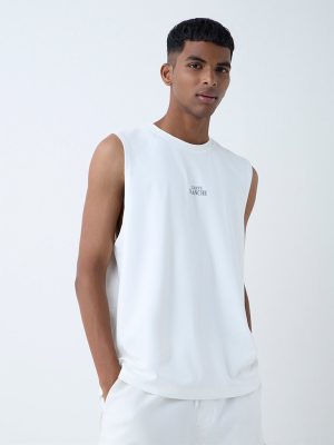 Studiofit White Typographic Relaxed-Fit Cotton-Blend T-Shirt