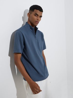 Studiofit Dark Blue Slim-Fit Quarter-Zip T-Shirt