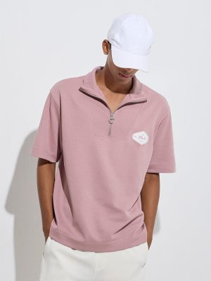 Studiofit Dusty Pink Relaxed-Fit Quarter-Zip T-Shirt