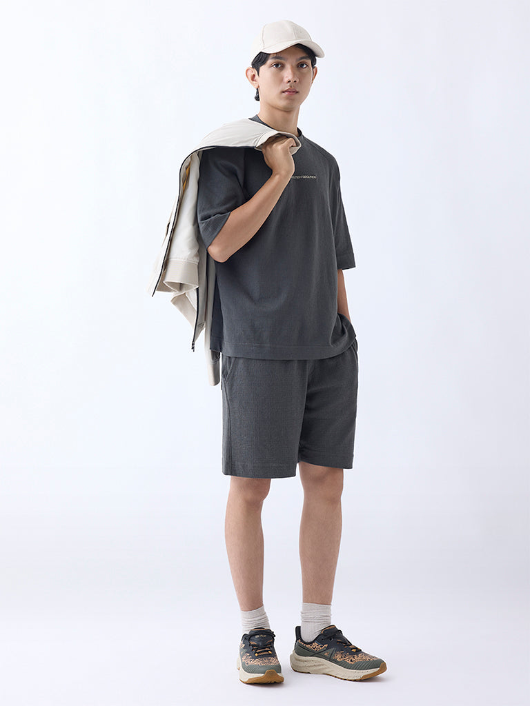 Studiofit Dark Grey Relaxed-Fit Mid-Rise Cotton-Blend Shorts
