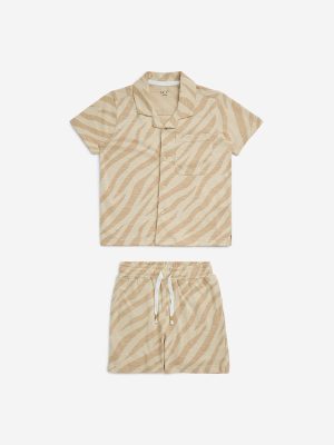 HOP Kids Beige Animal Printed Cotton Shirt and Shorts Set