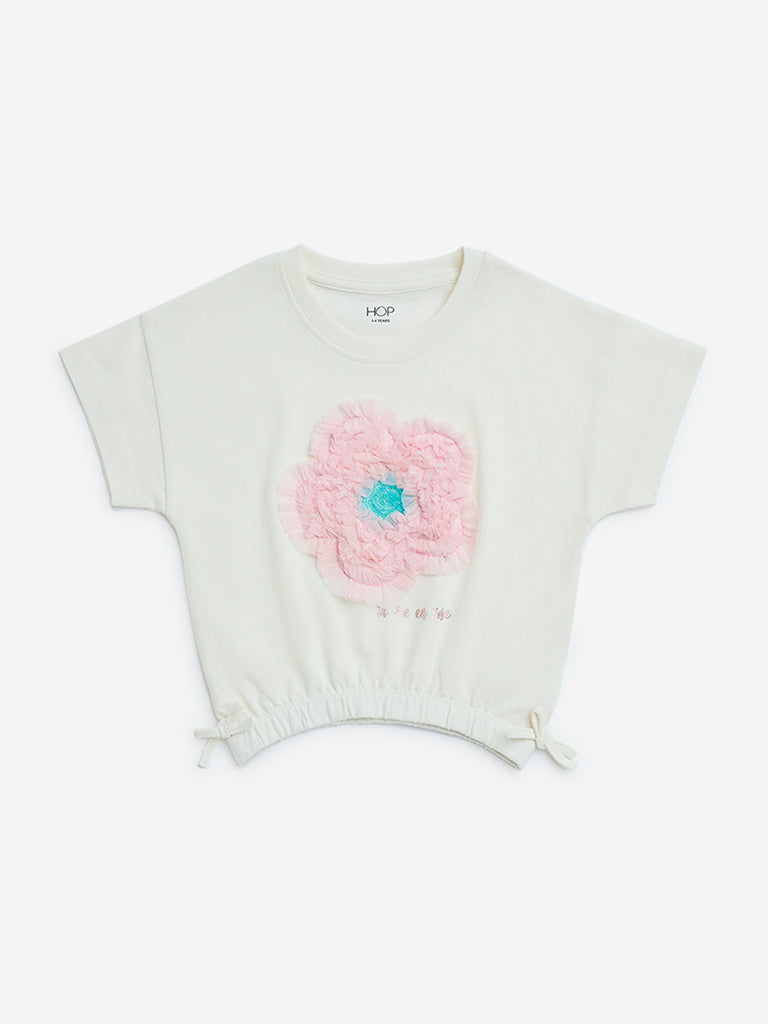 HOP Kids Off-White Floral Applique Detailed Cotton T-Shirt - Image 4