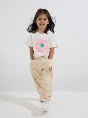 HOP Kids Off-White Floral Applique Detailed Cotton T-Shirt