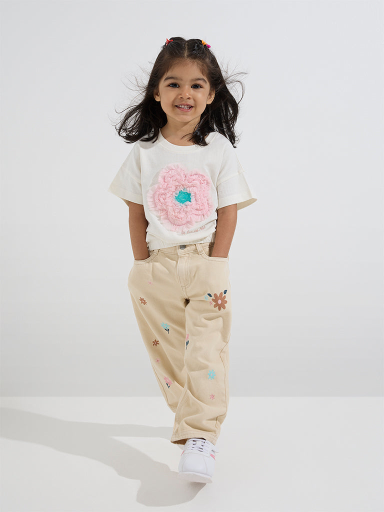 HOP Kids Off-White Floral Applique Detailed Cotton T-Shirt