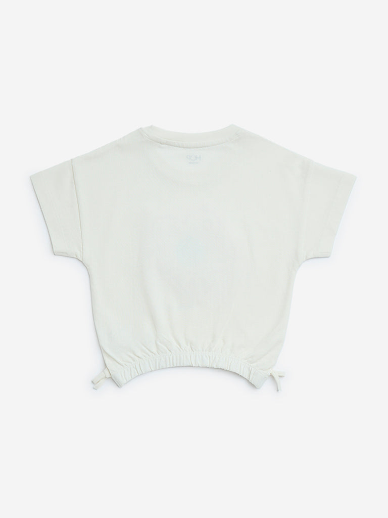 HOP Kids Off-White Floral Applique Detailed Cotton T-Shirt - Image 5