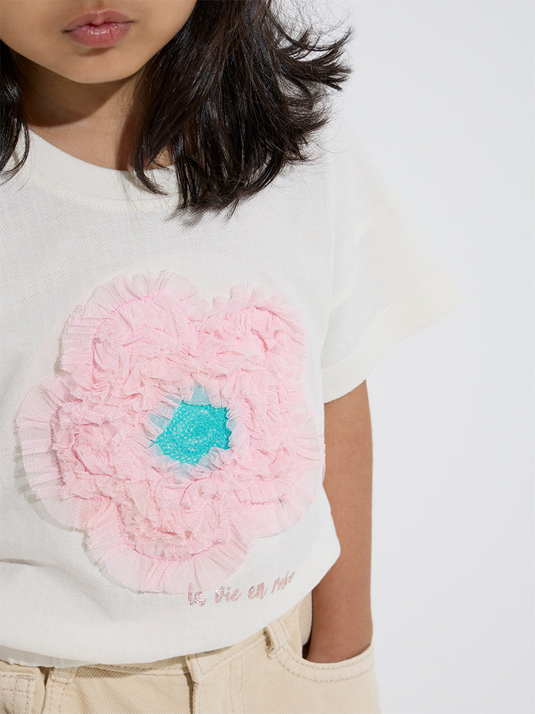 HOP Kids Off-White Floral Applique Detailed Cotton T-Shirt - Image 3