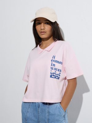 Y&F Kids Light Pink Text Design Cotton Polo T-Shirt