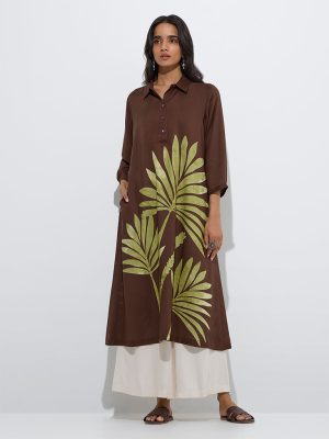 Utsa Brown Botanical Printed A-Line Kurta