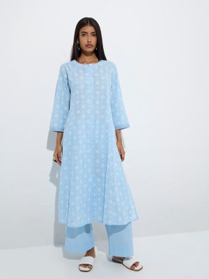 Utsa Blue Diamond Pattern Cotton A-Line Kurta