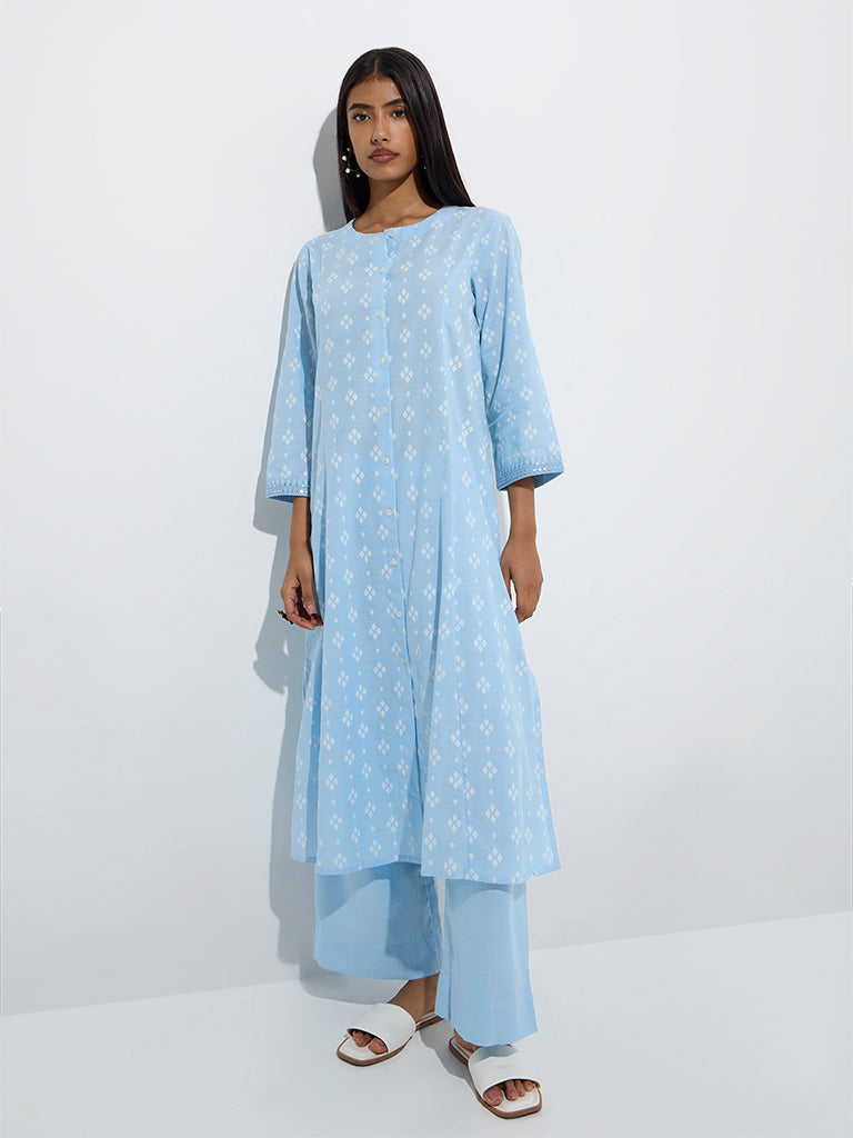 Utsa Blue Diamond Pattern Cotton A-Line Kurta - Image 2