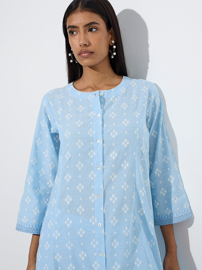 Utsa Blue Diamond Pattern Cotton A-Line Kurta - Image 3