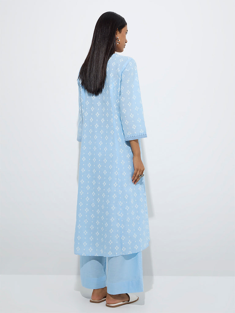 Utsa Blue Diamond Pattern Cotton A-Line Kurta - Image 4